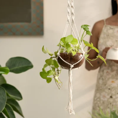 Coco-Shell Planter Pot with Macramé Hanger